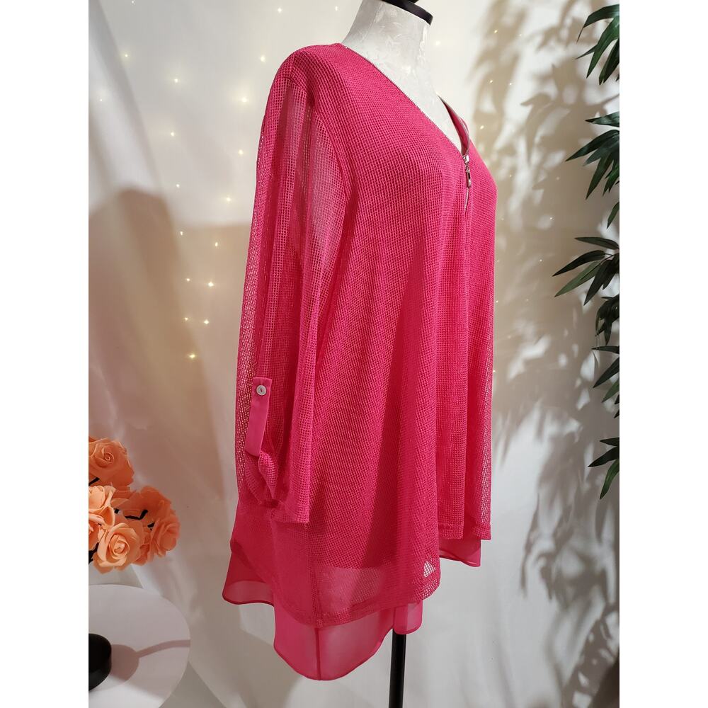 Joseph Ribkoff 1/4 Zip Mesh Overlay Top Plus Size 22 Hot Pink Roll Tab Sleeve - Picture 2 of 9